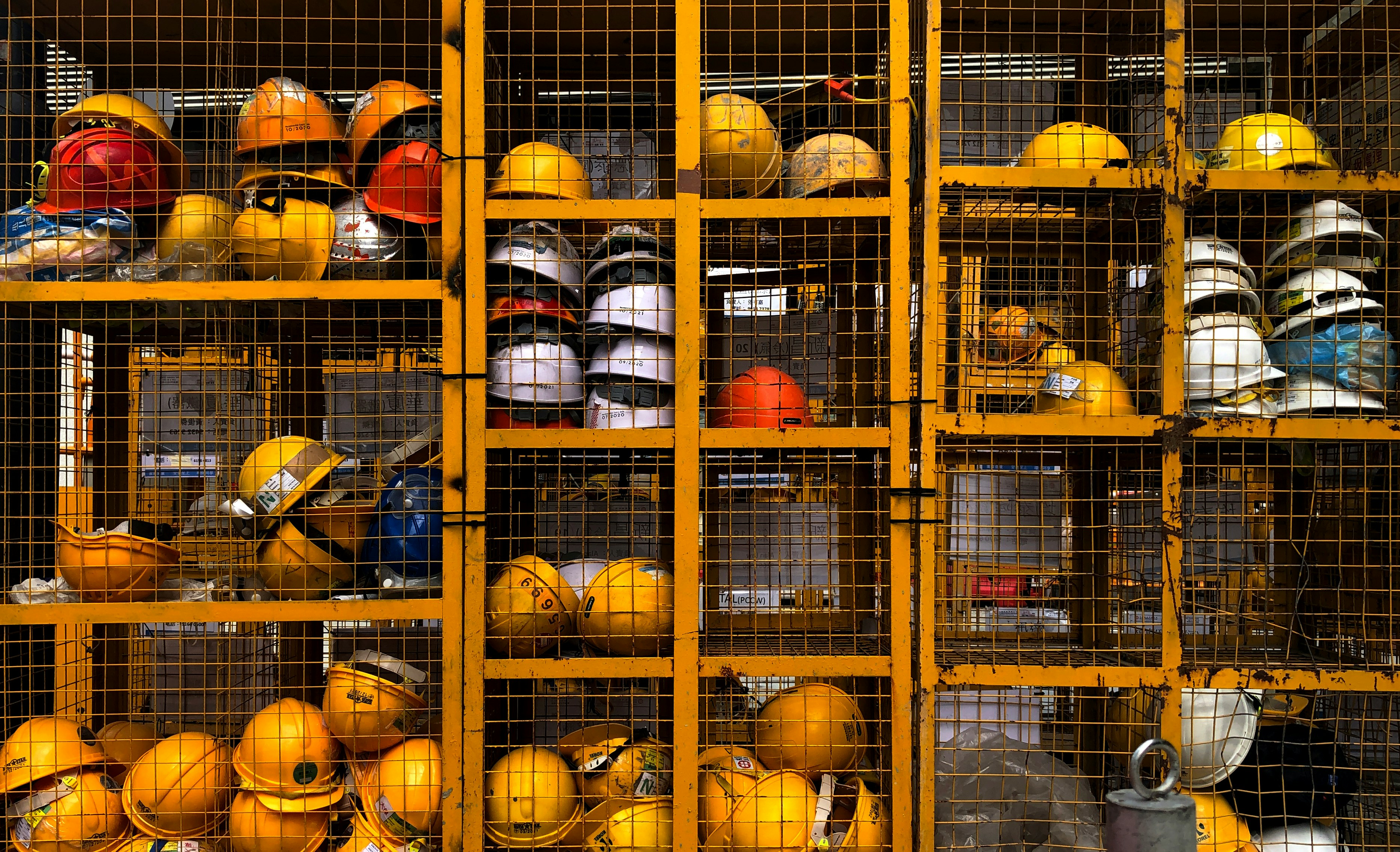 Hardhats in steel lockers onsite