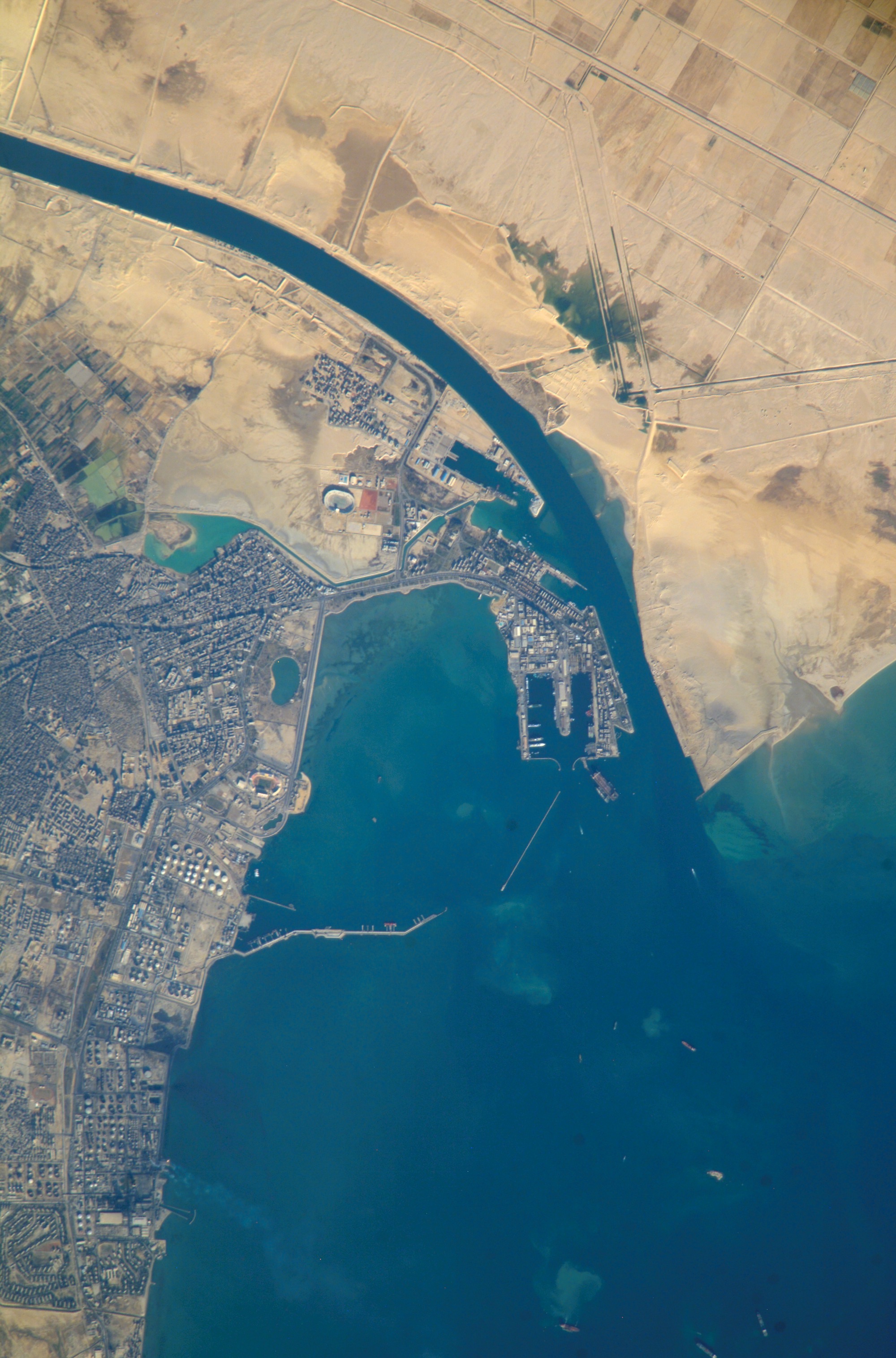 Port of Suez, Egypt photographed by an Expedition 16 crewmember on the International Space Station.