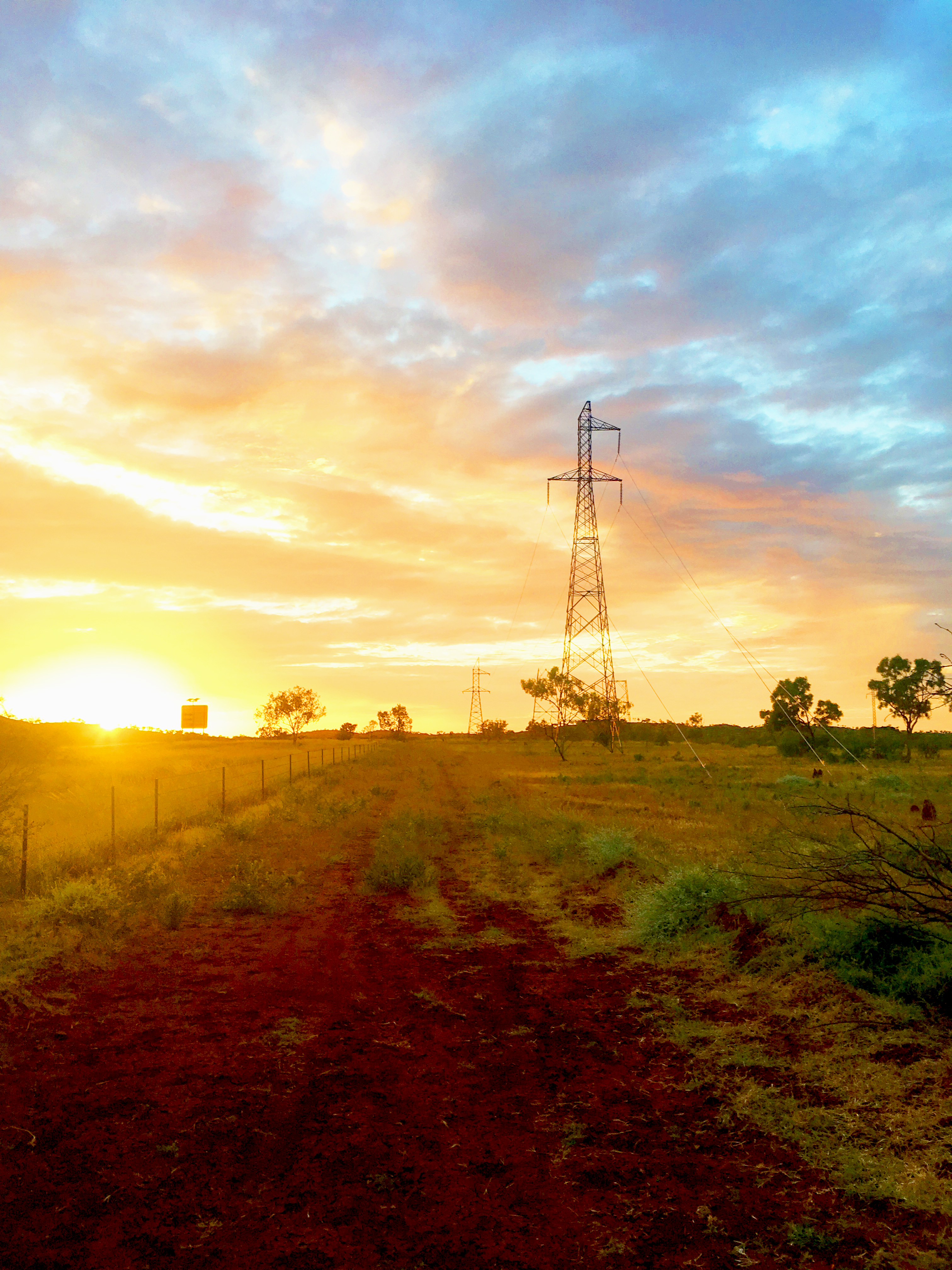 Qld outback at sunset, transmission tower in CopperString's neighbourhood