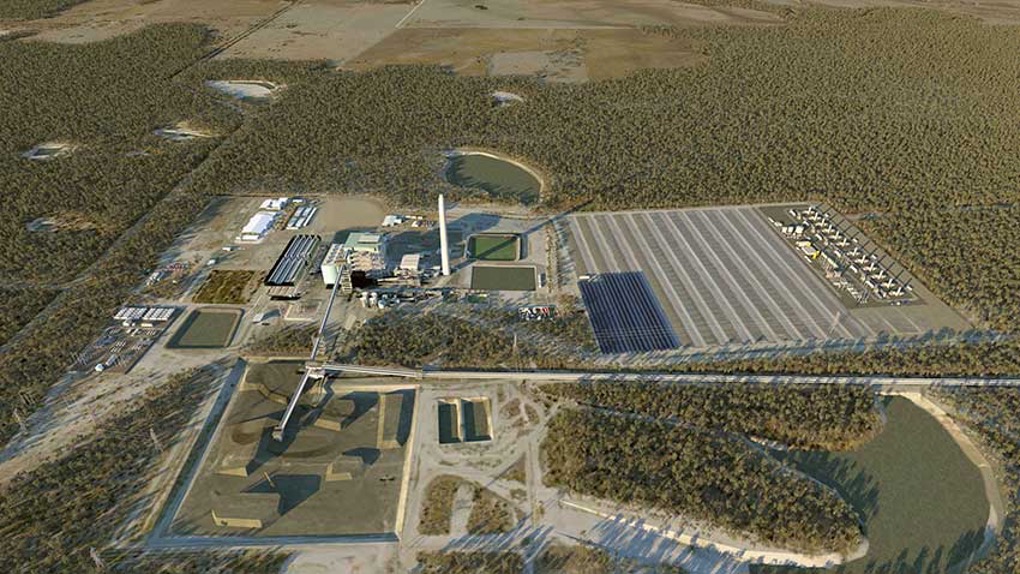 Digital illustration of a future hydrogen plant, aerial