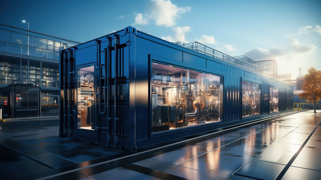 energy storage systems or battery container units in factory.