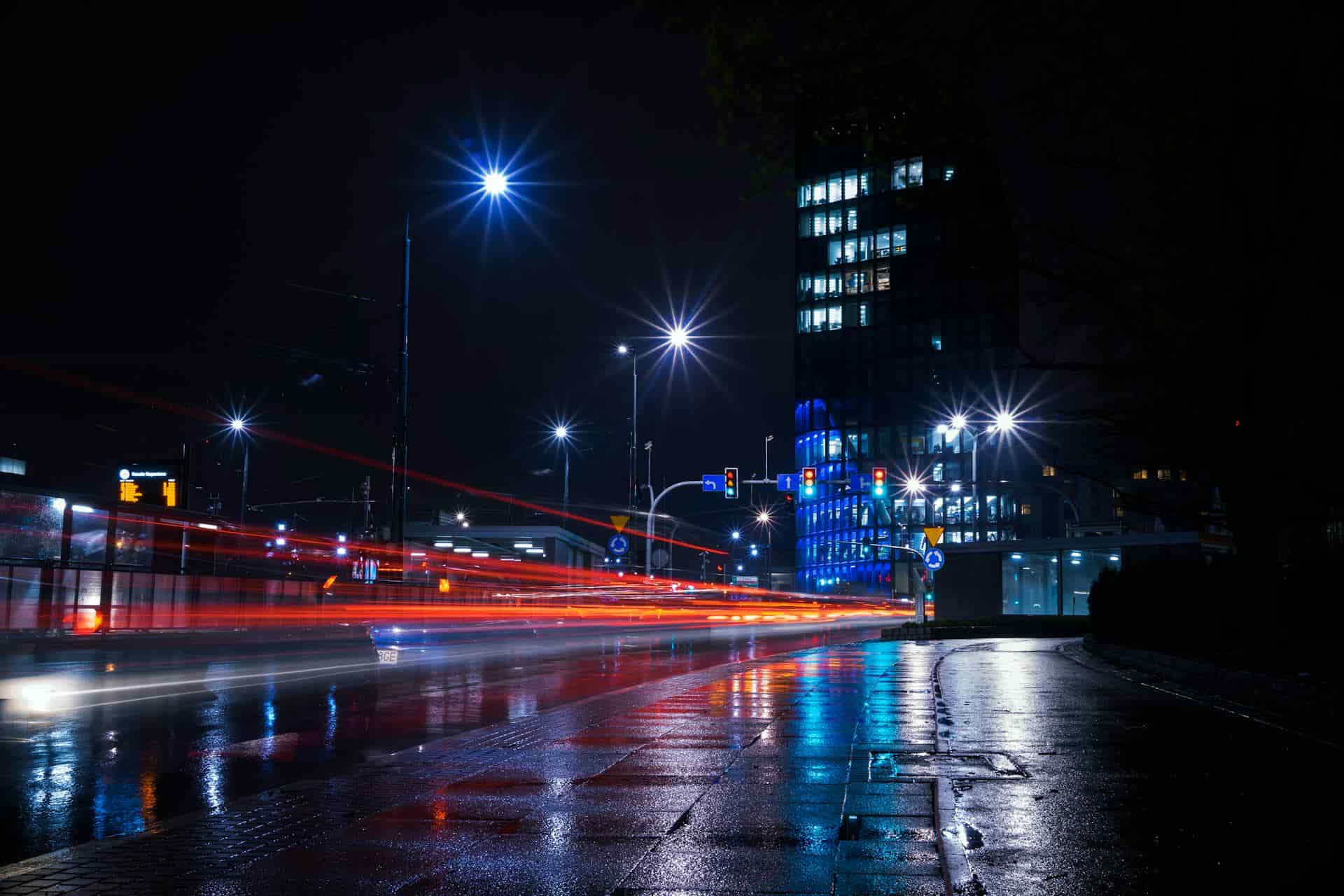 A picture of smart street lighting setup at night