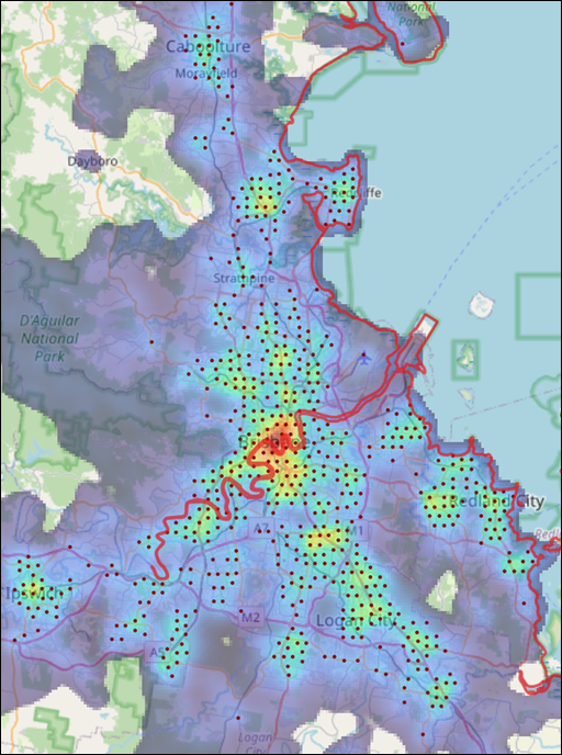 Example of a heatmap highlighting good sites for EV charging infrastructure in Brisbane.