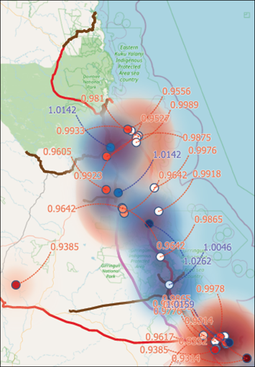 Example of areas with opposite MLFs in close proximity extent.